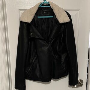 Divided Black Faux Leather Jacket with Cream Collar